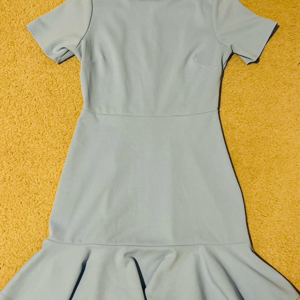 Blue Ruffled Mock Neck Fit and Flare Midi Dress